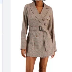 Kit + Sky Plaid Blazer Dress Belted Waist Pink/Tan Plaid XXS